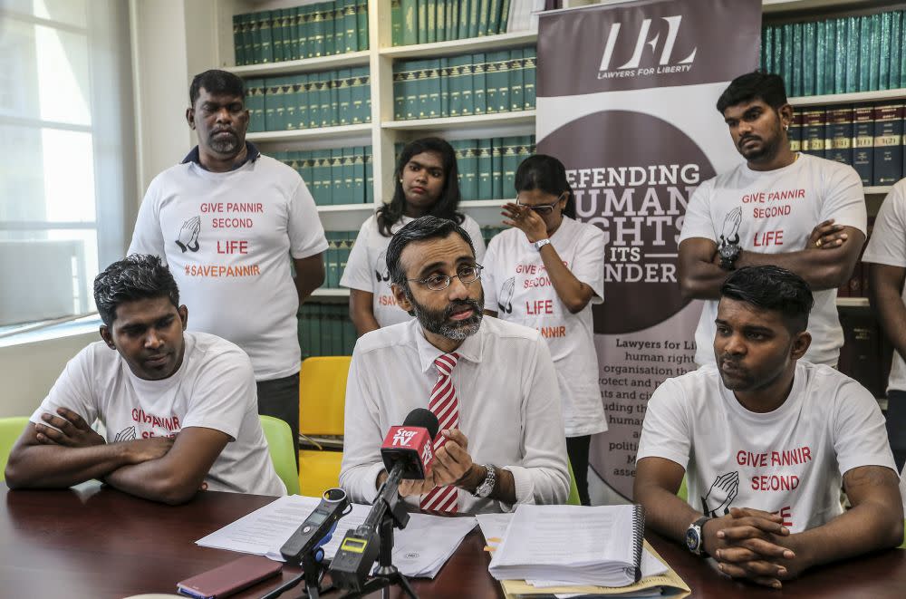 Lawyer for Singapore death row inmate P. Pannir Selvam’s family, N. Surendran speaks during a press conference in Petaling Jaya July 5, 2019. — Picture by Firdaus Latif