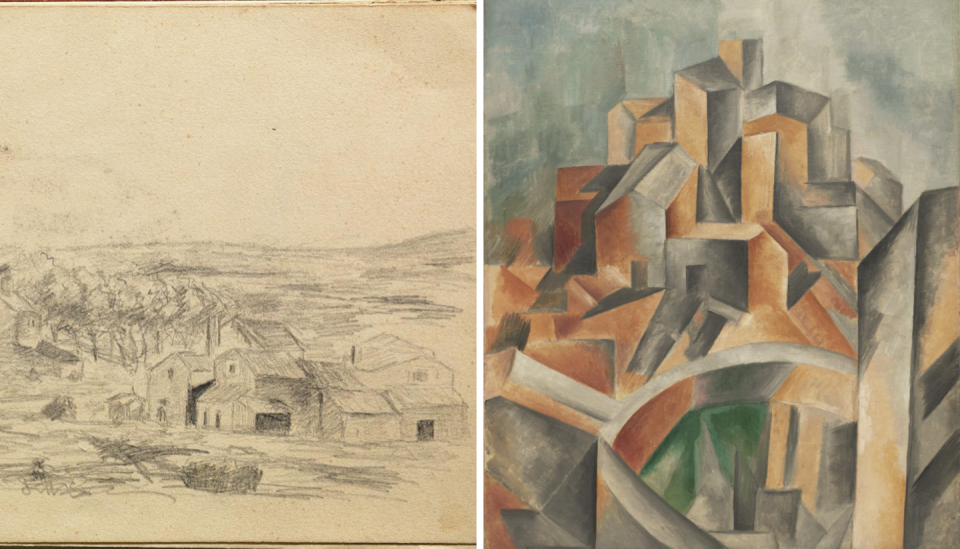 On the left, Caserío gallego (Galician Homestead), painted in A Coruña. On the right, Houses on the Hill of Horta de Ebro, 1909. Picasso Museum, Barcelona/MOMA