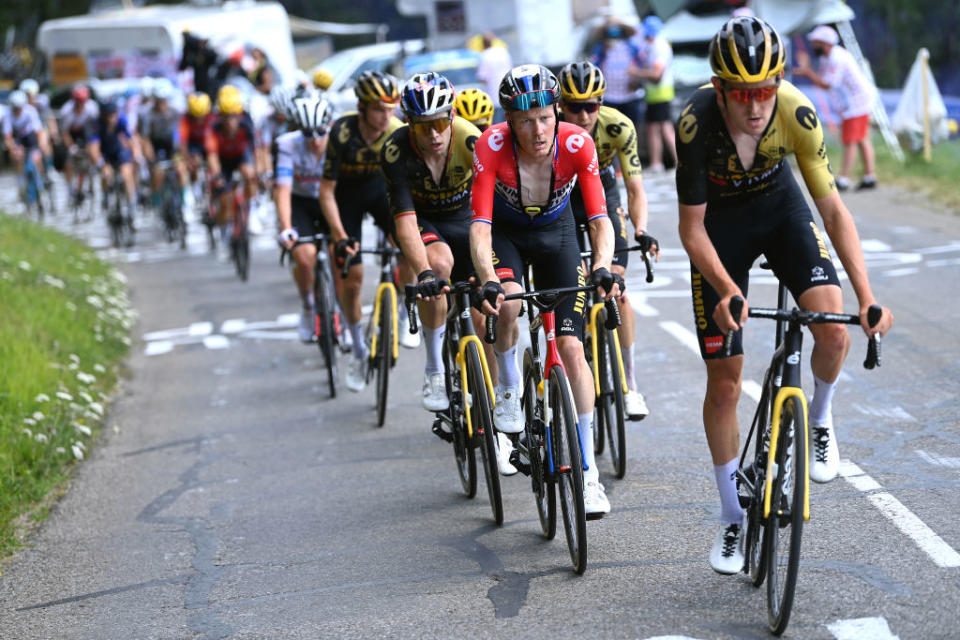 MORZINE LES PORTES DU SOLEIL FRANCE  JULY 15 LR Dylan Van Baarle of The Netherlands and Tiesj Benoot of Belgium and Team JumboVisma compete in the breakaway during the stage fourteen of the 110th Tour de France 2023 a 1518km stage from Annemasse to Morzine les Portes du Soleil  UCIWT  on July 15 2023 in Morzine les Portes du Soleil France Photo by Tim de WaeleGetty Images