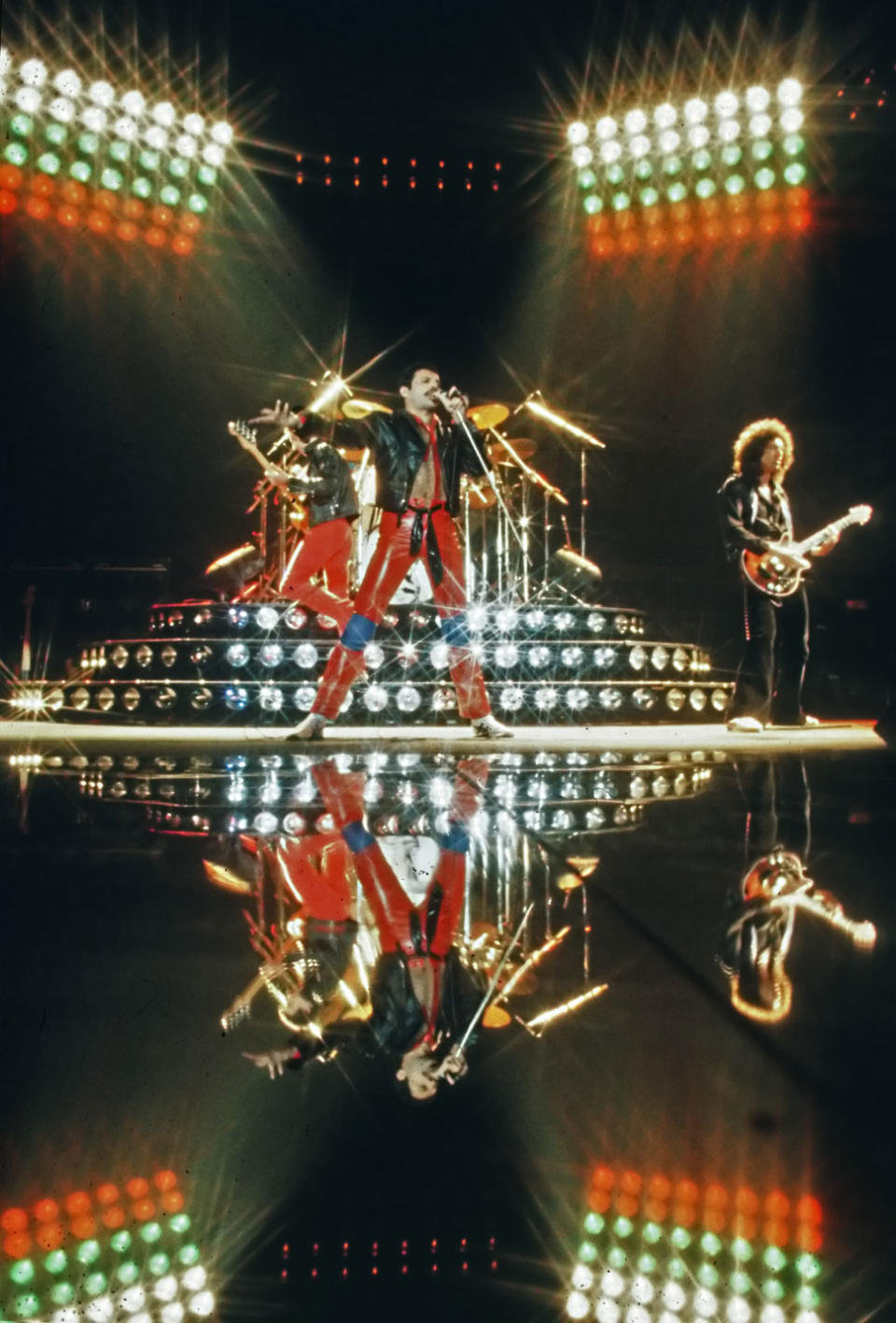 Queen during a concert at the Groenoordhallen in Leiden, Netherlands, 27th November 1980