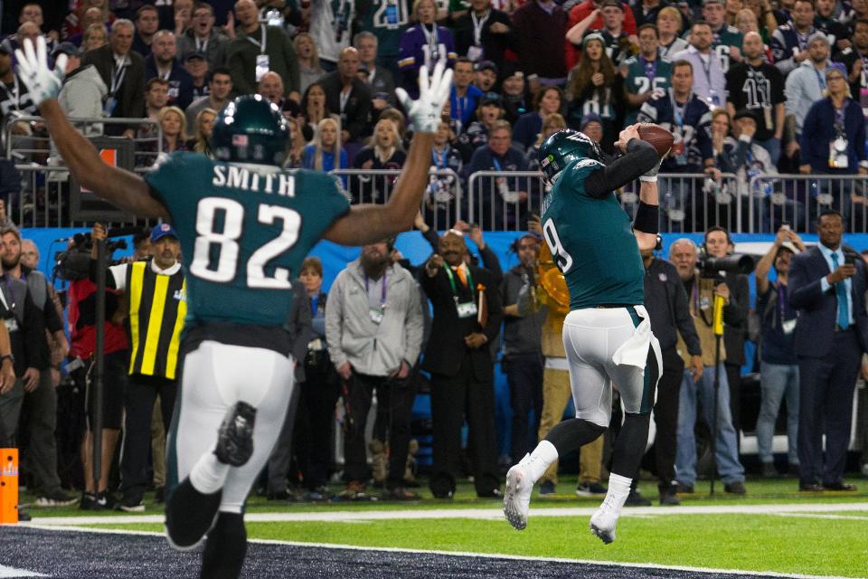 Quarterback Nick Foles catches Trey Burton's 1-yard TD pass in the play famously known as the "Philly Special" during the Eagles' 41-33 win over the New England Patriots on Feb. 4, 2018.