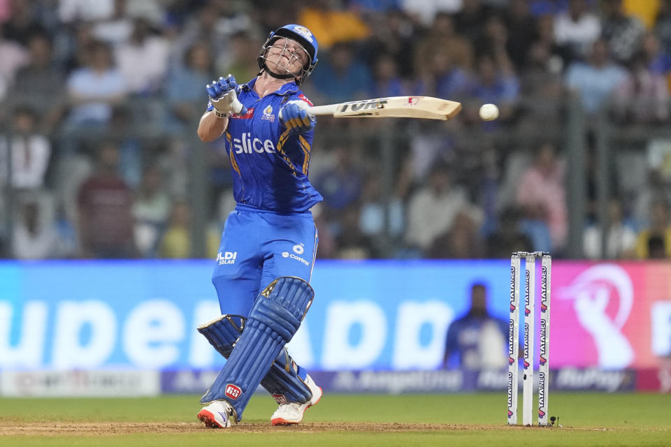 Mumbai Indians' Dewald Brevis plays a shot during the Indian Premier League cricket match between Mumbai Indians and Lucknow Super Giants in Mumbai, India, Friday, May 17, 2024.(AP Photo/ Rafiq Maqbool)