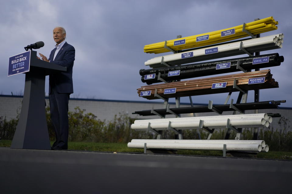 Democratic presidential candidate former Vice President Joe Biden speaks at the Plumbers Local Union No. 27 training center, Saturday, Oct. 10, 2020, in Erie, Pa. (AP Photo/Carolyn Kaster)