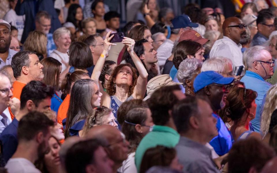 Supporters of President Joe Biden gather for a campaign event as seen from the press riser at the Jim Graham building at the North Carolina State Fairgrounds in Raleigh on Friday June 28, 2024. Biden debated former President Trump in Atlanta Georgia the previous night.