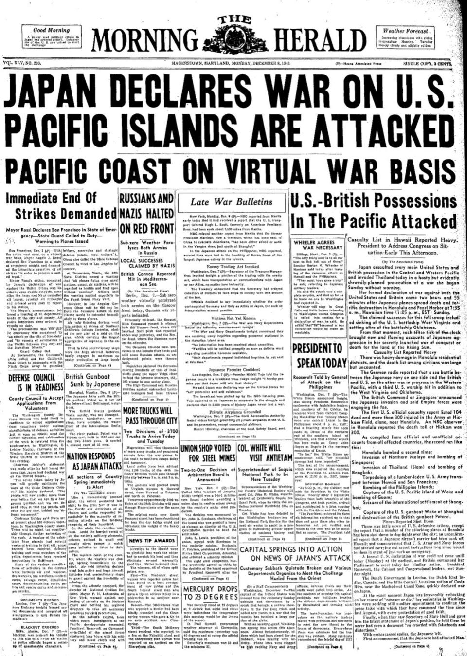 The Morning Herald kept stunned readers apprised of developments in the wake of the Japanese attack on Pearl Harbor.