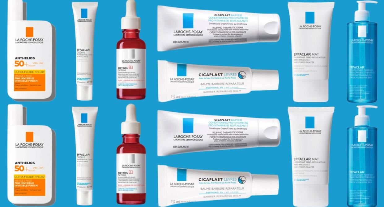 a bunch of la roche-posay products on a plain background