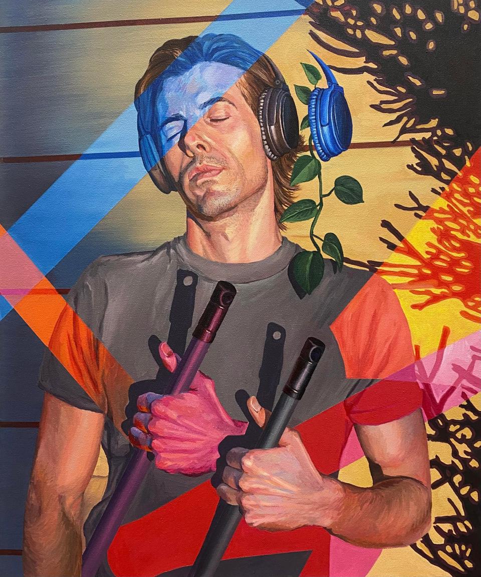 Ian Robertson-Salt's bold, colorful mural showcases a man listening to music. Robertson-Salt is a muralist, tattoo artist and painter based in Los Angeles.