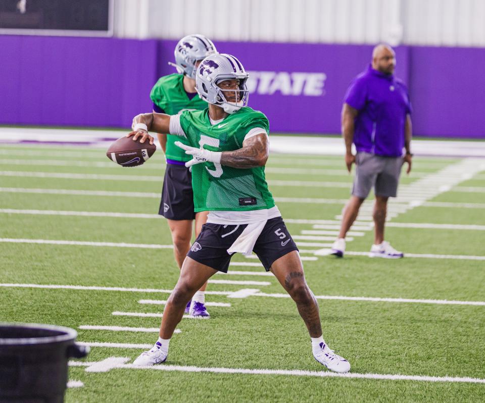 Kansas State quarterback Ta'Quan Roberson (5) is a graduate transfer from UConn who joined the Wildcats over the summer.