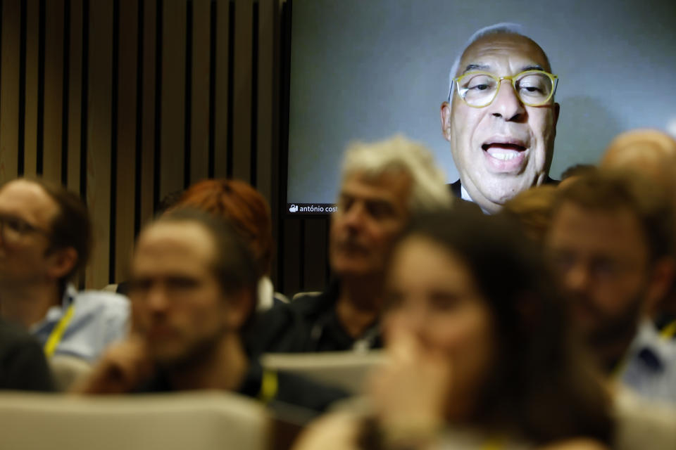 Portugal's former Prime Minister Antonio Costa addresses a media conference via videolink during an EU summit in Brussels, early Friday, June 28, 2024. European Union leaders signed off a trio of top appointments for their shared political institutions on Thursday evening, reinstalling German conservative Ursula von der Leyen as president of the European Commission for another five years. At the side of von der Leyen should be two new faces: Antonio Costa of Portugal as European Council President and Estonia's Kaja Kallas as the top diplomat of the world's largest trading bloc. (AP Photo/Geert Vanden Wijngaert)