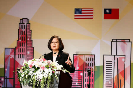 Taiwanese President Tsai Ing-wen speaks in the Los Angeles Overseas Chinese Banquet during visit in Los Angeles, California, U.S. August 12, 2018. REUTERS/Ringo Chiu 