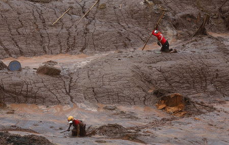 Rescue workers search for victims at the Bento Rodrigues district that was covered with mud after a dam, owned by Vale SA and BHP Billiton Ltd, burst in Mariana, Brazil, November 8, 2015. REUTERS/Ricardo Moraes