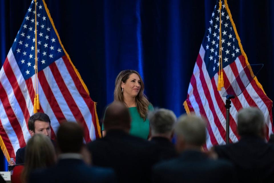 Re-elected Republican National Committee Chair Ronna McDaniel is applauded at the committee's winter meeting in Dana Point, Calif., Friday, Jan. 27, 2023.