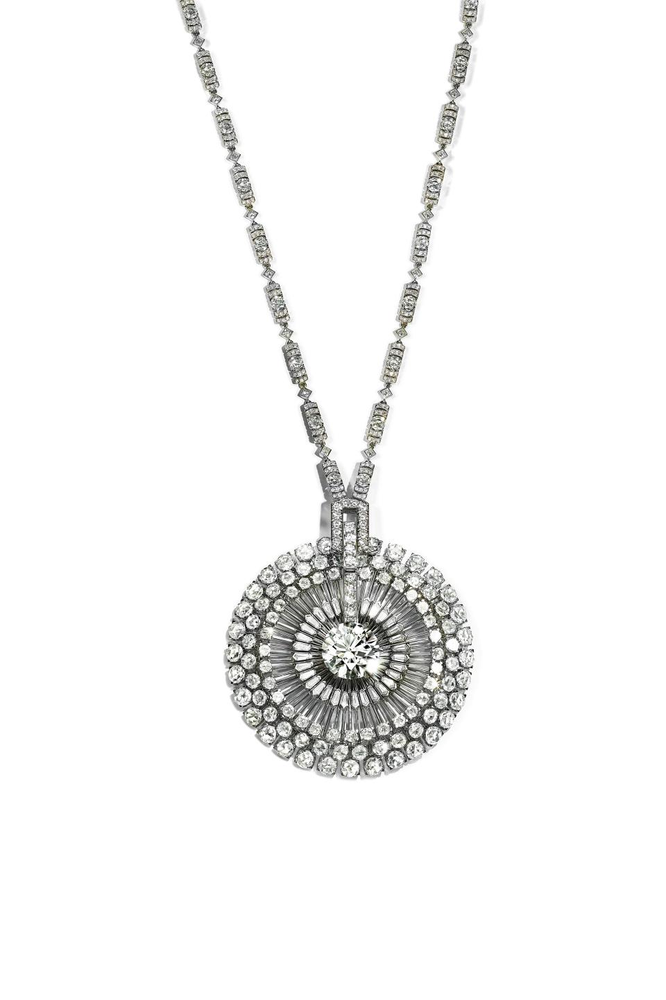 A transformable design from Botanica’s “dandelion” pillar with a pendant in platinum and a diamond of more than 12 carats, surrounded by diamonds. - Credit: Courtesy of Tiffany & Co.