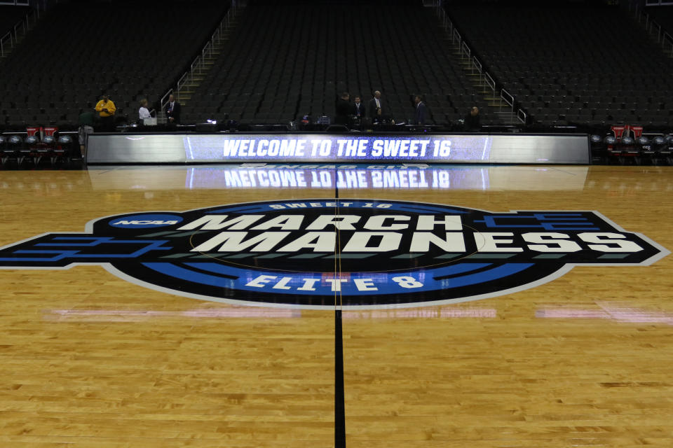 A view of the March Madness logo on center court before of an NCAA Midwest Regional Sweet Sixteen game in 2019. (Scott Winters/Icon Sportswire via Getty Images)