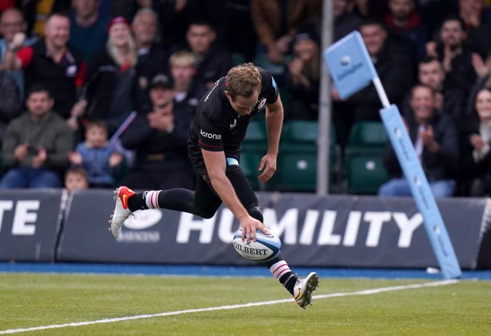 Saracens’ Max Malins scores his side’s sixth try during the Gallagher Premiership win over Wasps (Adam Davy/PA) (PA Wire)