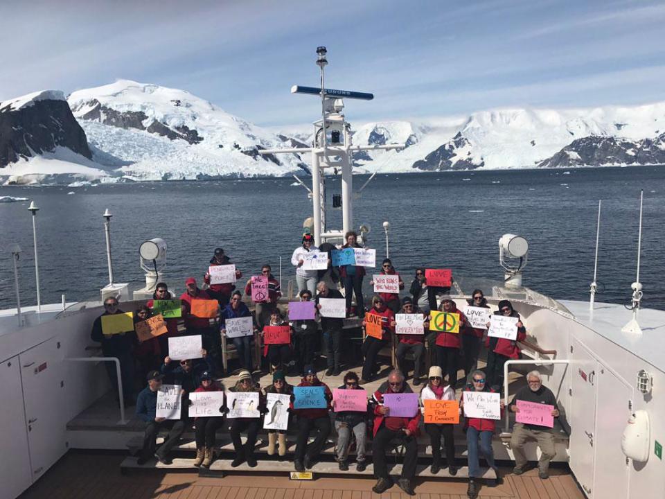 The anti-Trump protesters are preparing to march on board an expedition ship in the Antarctic (Linda Zunas)