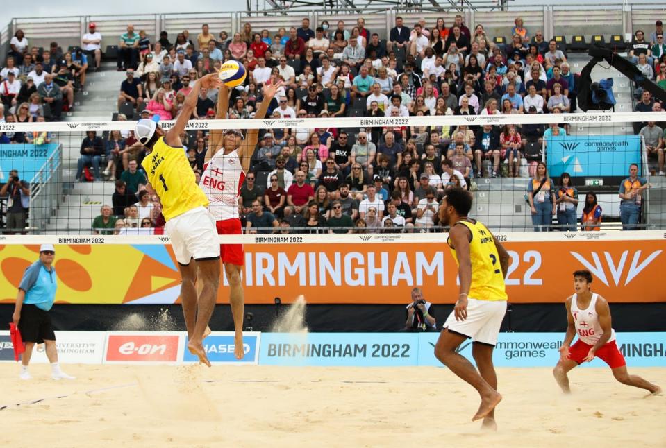 Tuvalu, with a population of 12,000, played their opening beach volleyball match against England (Isaac Parkin/PA) (PA Wire)