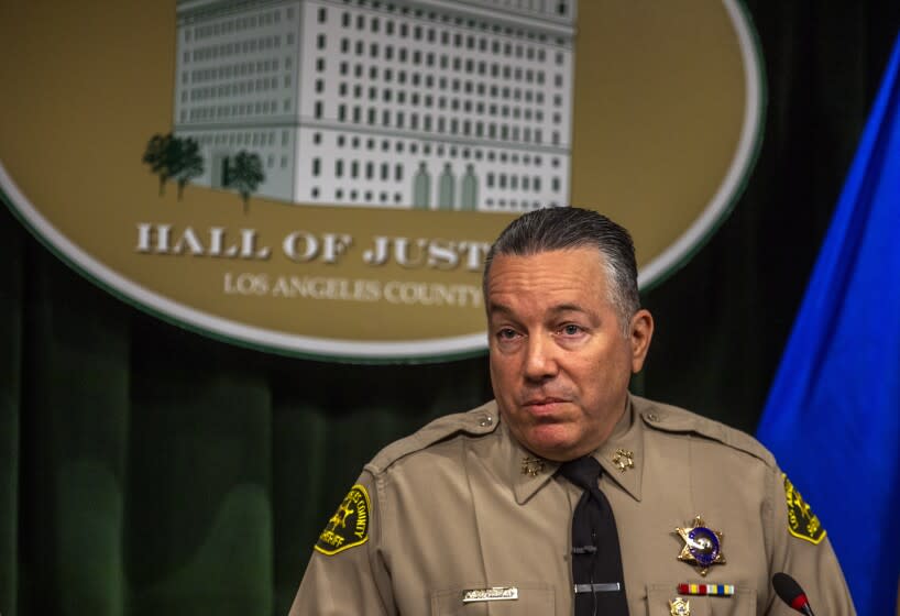 LOS ANGELES, CA - MARCH 29: During a press conference at the Hall of Justice Sheriff Alex Villanueva addresses a potential cover up after a video surfaced that shows a deputy kneeling on a man's neck on Tuesday, March 29, 2022 in Los Angeles, CA. (Francine Orr / Los Angeles Times)