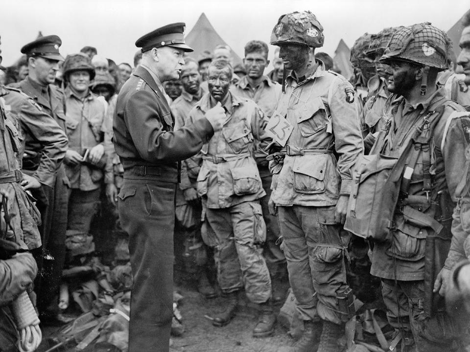 Gen. Dwight Eisenhower meets with paratroopers, part of Company E, 502nd Parachute Infantry Regiment, at the 101st  Airborne Division's camp in Greenham Common, England, on June 5, 1944. / Credit: U.S. Army/Library of Congress