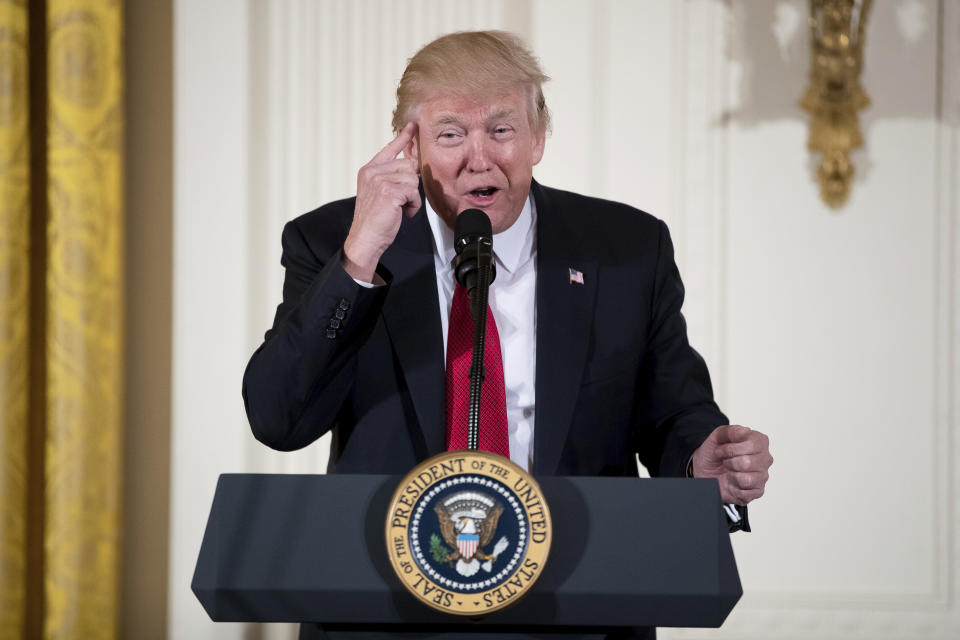 President Donald Trump speaks at a women's empowerment panel, Wednesday, March 29, 2017, in the East Room of the White House in Washington. (AP Photo/Andrew Harnik)