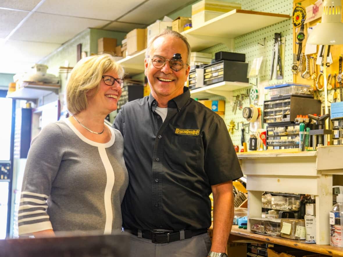 Barbara and Gaetan Fortier will close the Heritage Clock Shop and begin their retirement on Saturday. (Stu Mills/CBC - image credit)