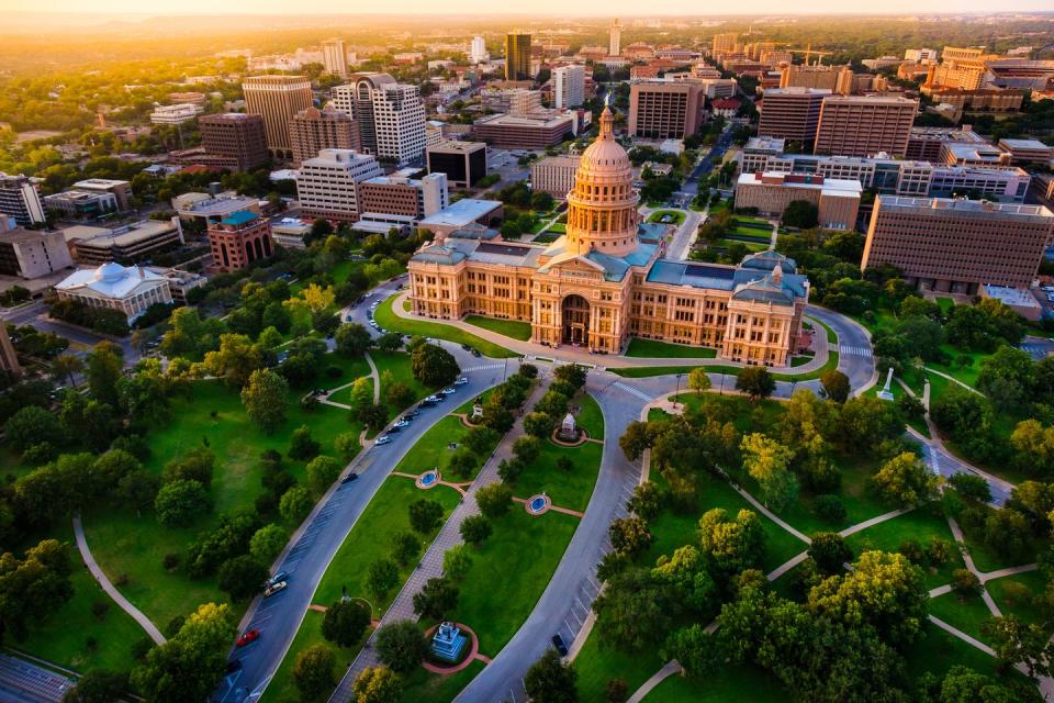 capitol building, aerial skyline, sunset, austin, tx, texas state capital