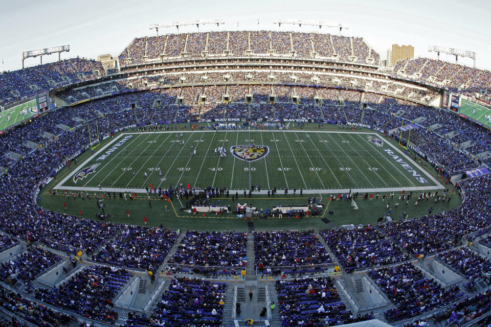 FILE - This is a general view of M&T Bank Stadium in the second half of an NFL football game between the Baltimore Ravens and the Indianapolis Colts in Baltimore, Sunday, Dec. 11, 2011. There are 23 venues bidding to host soccer matches at the 2026 World Cup in the United States, Mexico and Canada. (AP Photo/Patrick Semansky, File)