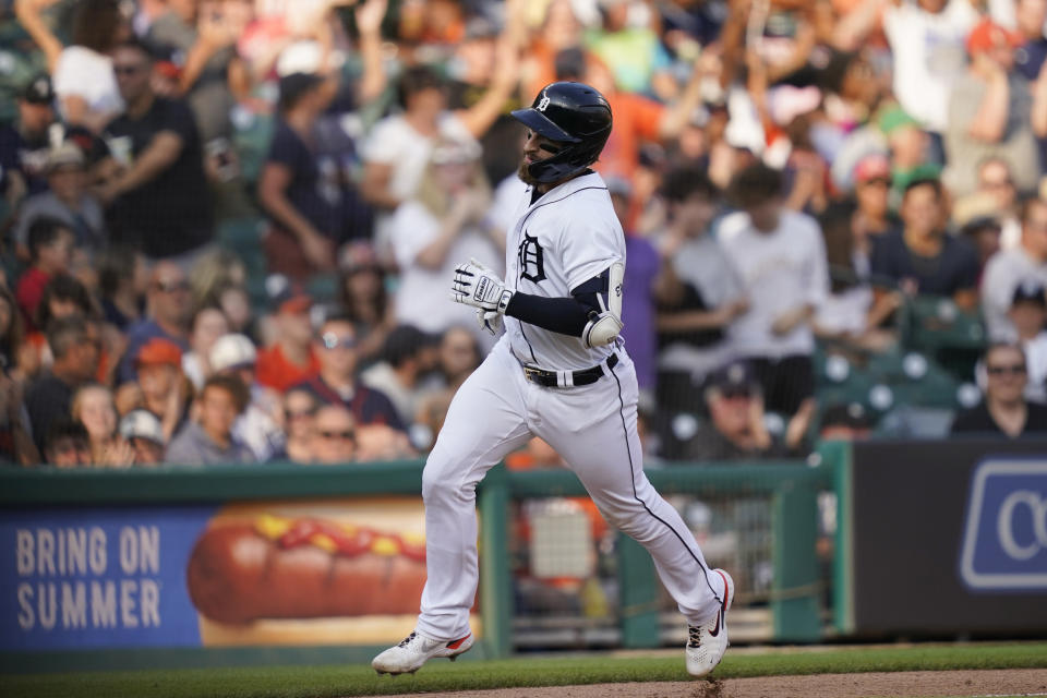 Detroit Tigers' Eric Haase rounds the bases after a solo home run during the fourth inning of a baseball game against the Baltimore Orioles, Saturday, July 31, 2021, in Detroit. (AP Photo/Carlos Osorio)
