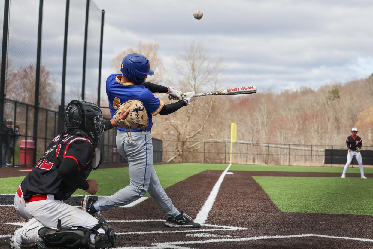 Mahopac's Nate Mascoll keeps his eye on the ball in a Mahopac vs Fox Lane baseball game in Bedford, NY on April 6, 2024.