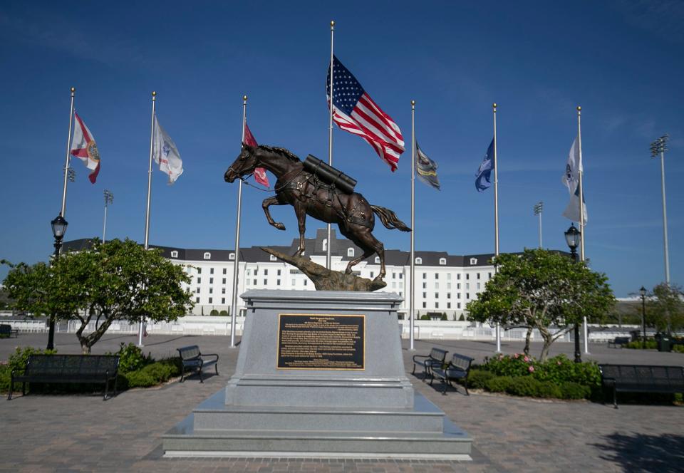 A statue of Staff Sergeant Reckless greets people at the World Equestrian Center in May 2021.