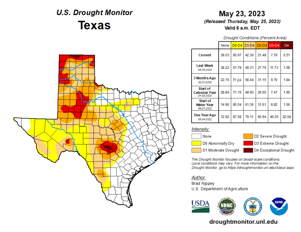 The U.S. Drought Monitor map for Texas as of Thursday, May 25.
