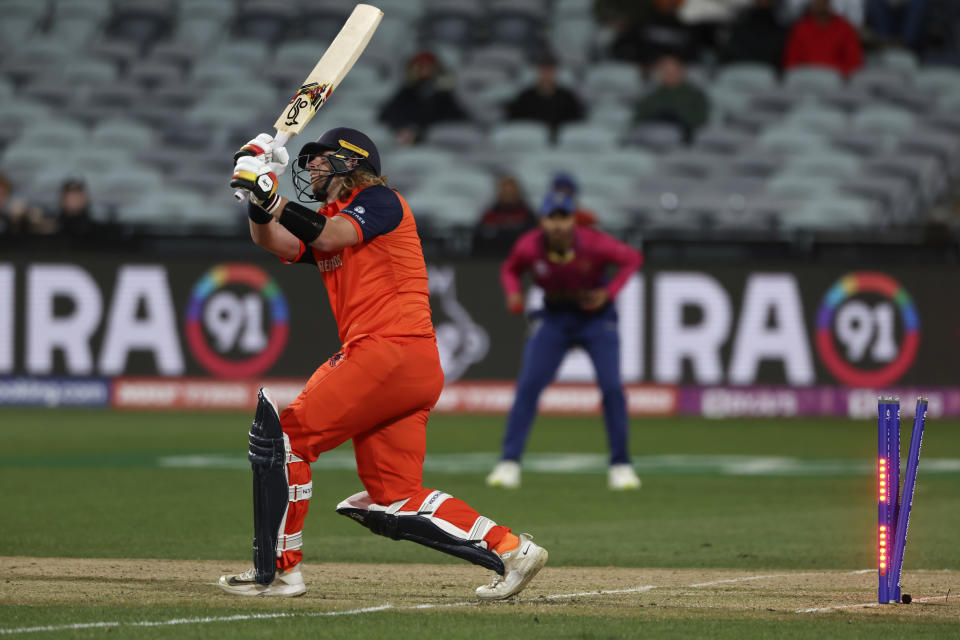 Netherlands' Max O'Dowd is bowled by UAE's Junaid Siddique during their T20 World Cup Cricket match in Geelong, Australia, Sunday, Oct. 16, 2022. (AP Photo/Asanka Brendon Ratnayake)