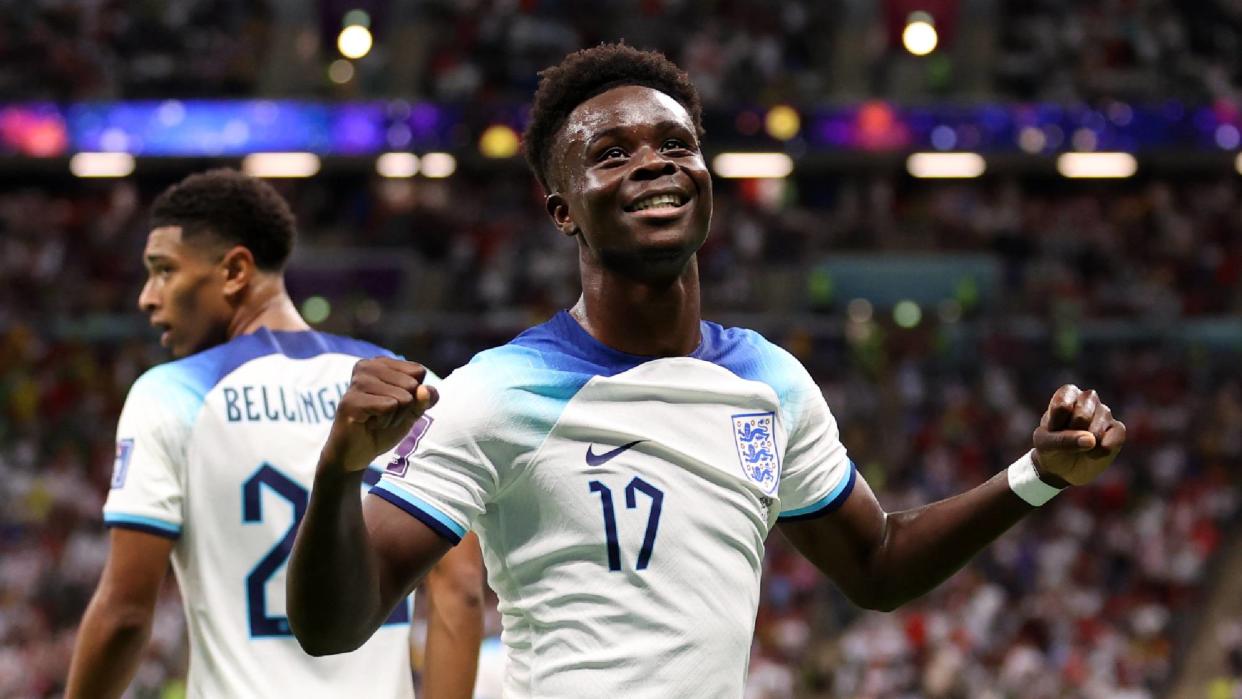  Bukayo Saka of England celebrates after scoring a goal at the World Cup 2022 