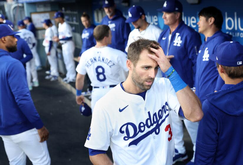 LOS ANGELES, CALIFORNIA - APRIL 16: Dodgers Chris Taylor in the dugout during a game against the Nationals at Dodger Stadium Tuesday.  (Wally Skalij/Los Angeles Times)