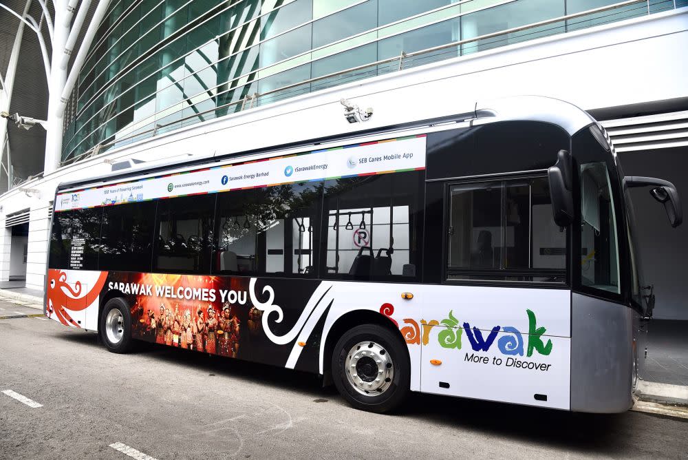 One of the electric-powered buses to boost Sarawak’s domestic tourism industry March 2, 2021. — Picture courtesy of the Sarawak Information Department