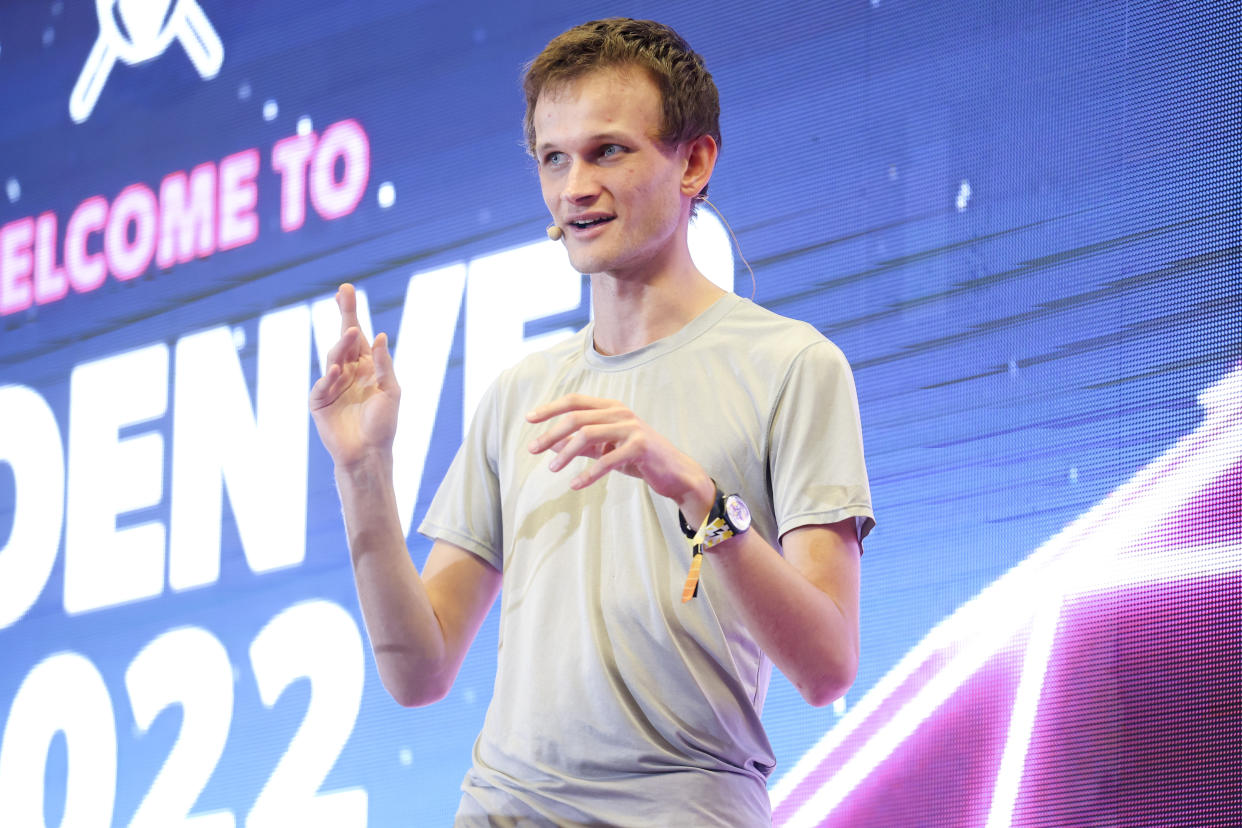 DENVER, CO - FEBRUARY 18: Ethereum co-founder Vitalik Buterin speaks at ETHDenver on February 18, 2022 in Denver, Colorado. ETHDenver is the largest and longest running Ethereum Blockchain event in the world with more than 15,000 cryptocurrency devotees attending the weeklong meetup. (Photo by Michael Ciaglo/Getty Images)