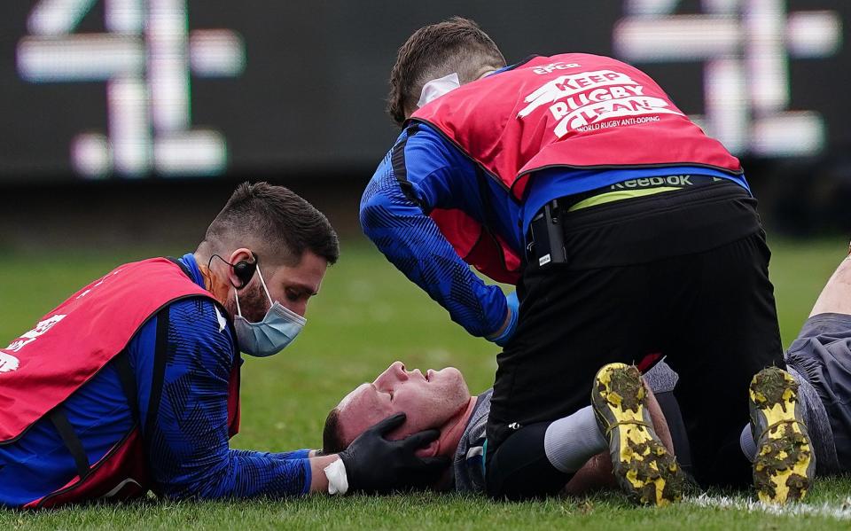 Bath's Sam Underhill receives treatment to a head injury during the Heineken Champions Cup, Pool A match at The Recreation Ground, Bath