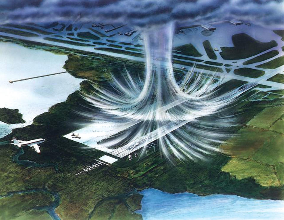 Illustration of a microburst. The air moves in a downward motion until it hits ground level, then spreads outward in all directions. <cite>NASA</cite>