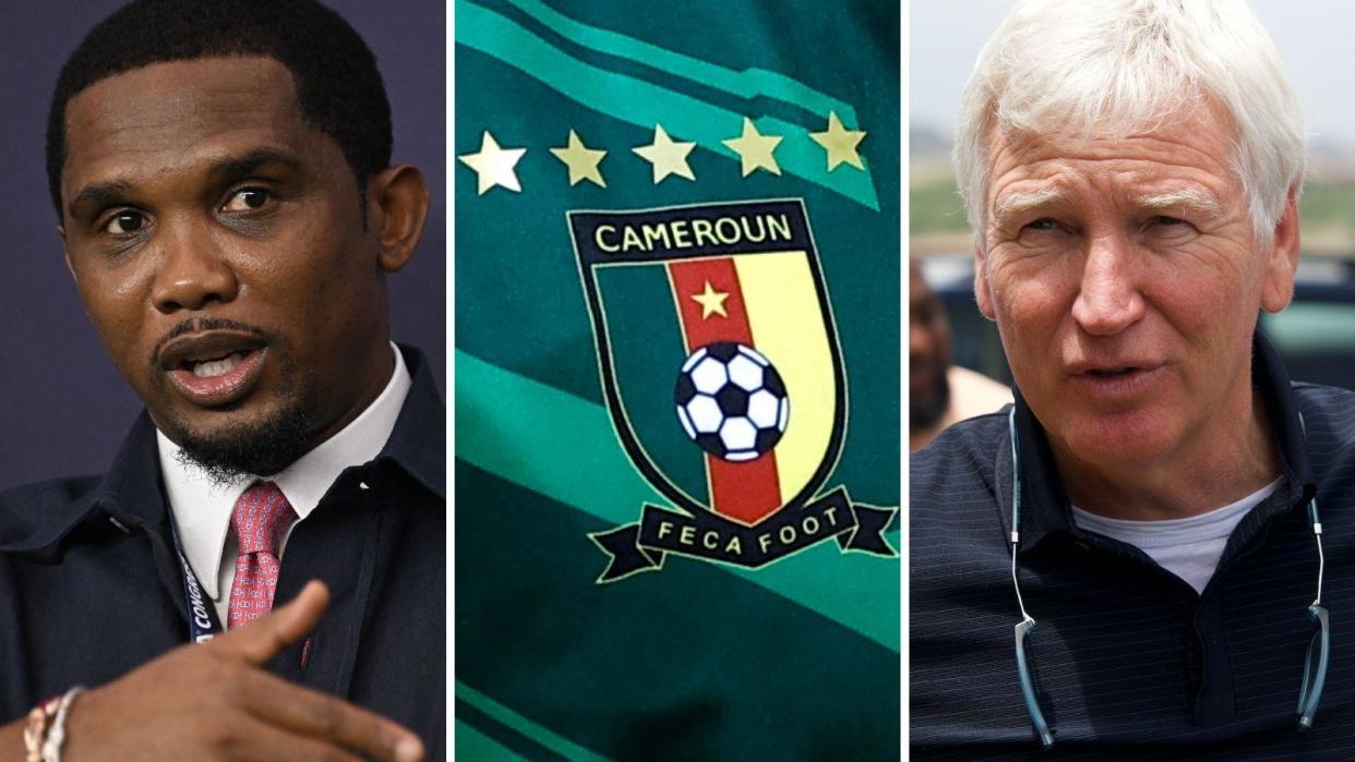 Images of Samuel Eto'o and Marc Brys either side of a Cameroon badge on a football shirt