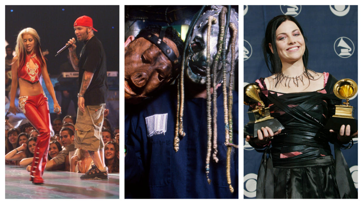  Fred Durst and Christina Aguilera on stage together, Slipknot, plus Amy Lee holding two Grammys 