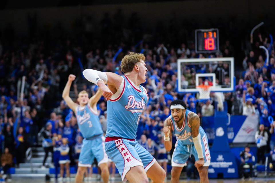 Drake's Tucker DeVries celebrates a basket during Wednesday's game at the Knapp Center. Drake defeated Northern Iowa in double overtime, 88-81.