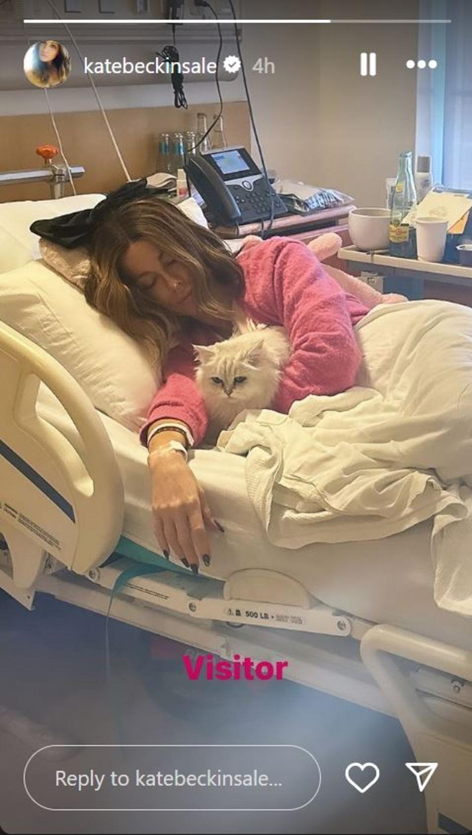 Kate Beckinsale shared a picture of herself in a hospital bed with her cat (Instagram)