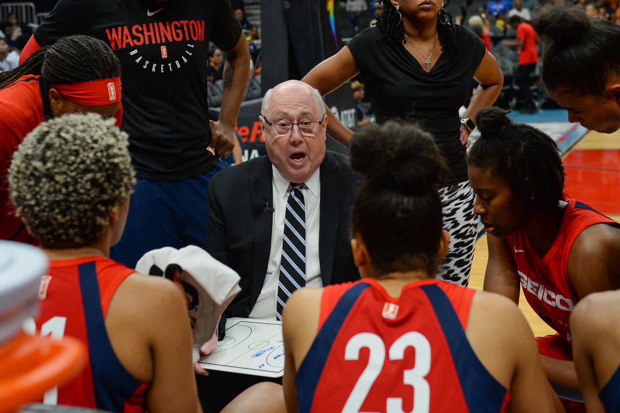 ATLANTA, GA  JUNE 23: Washington Mystics head coach Mike Thibault talks with his team in a time-out during the WNBA game between the Atlanta Dream and the Washington Mystics on June 23rd, 2019 at State Farm Arena in Atlanta, GA. (Photo by Rich von Biberstein/Icon Sportswire via Getty Images)