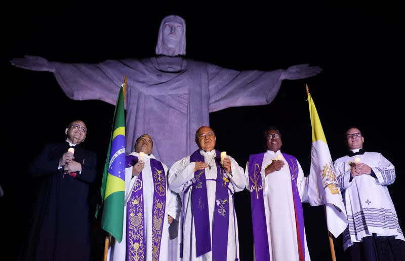 Rio de Janeiro's Archbishop Cardinal Orani Tempesta prays for Pope Francis's health in the Christ the Redeemer statue in Rio de Janeiro