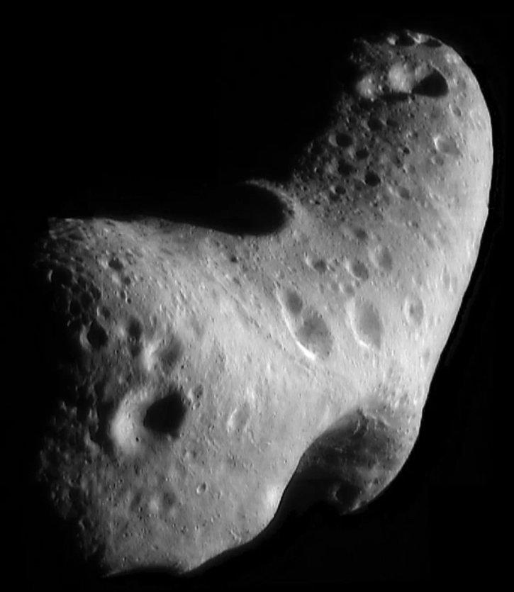 Close-up image of Eros photographed by NASA's Near Earth Asteroid Rendezvous spacecraft in 2000.