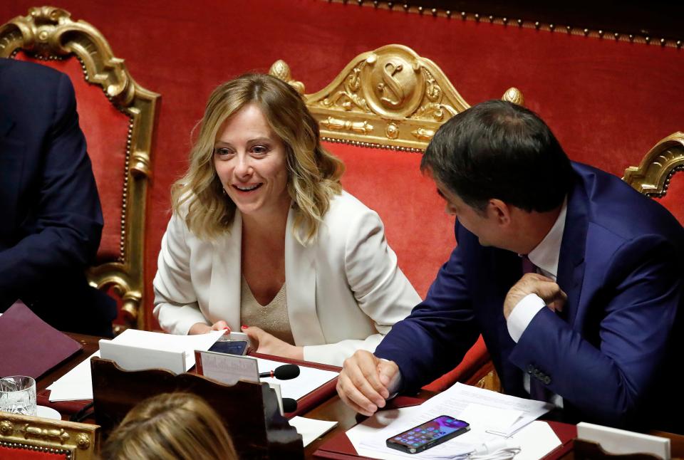 Prime Minister Giorgia Meloni with the Minister for European Affairs, Cohesion Policy and the PNRR, Raffaele Fitto during the statements by the President of the Council in view of the European Council meeting of 27 and 28 June 2024 in the Senate Chamber.