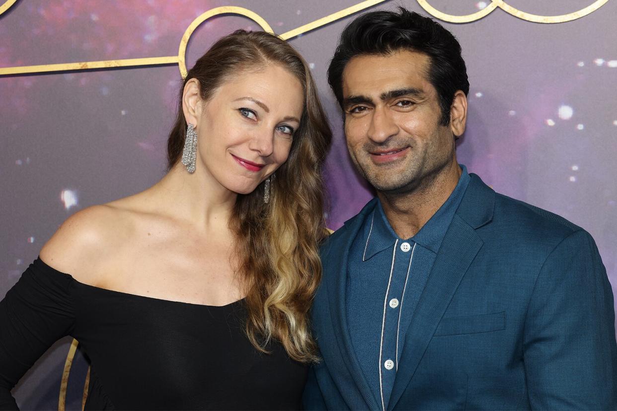 Emily V Gordon and Kumail Nanjiani attends the "Eternals" UK Premiere at the BFI IMAX Waterloo on October 27, 2021 in London, England.