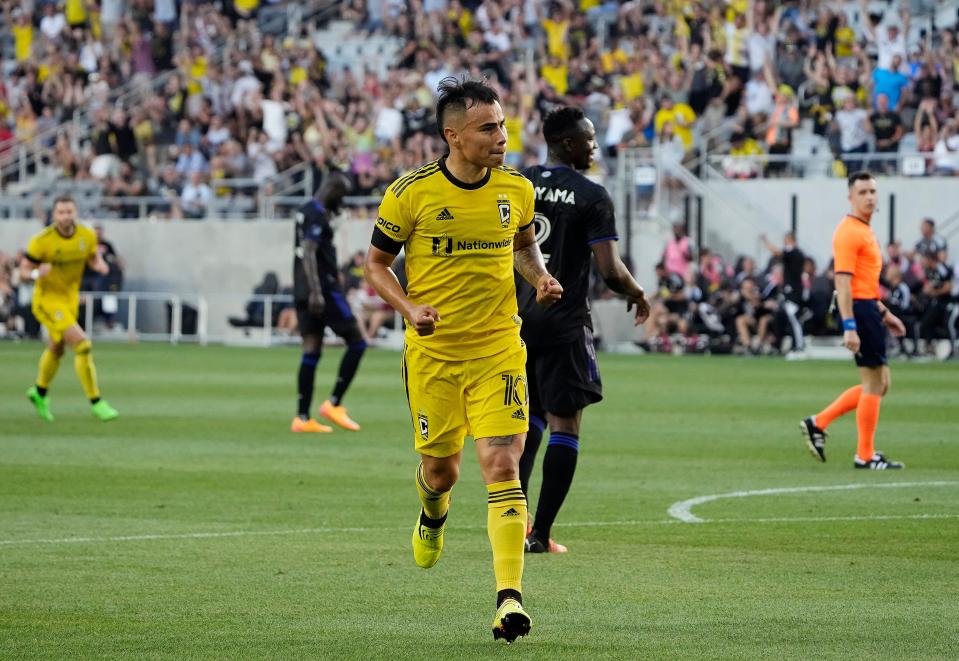 Aug 3, 2022; Columbus, Ohio, USA; Columbus Crew midfielder Lucas Zelarayan (10) celebrates after scoring a goal against CF Montreal in the first half during their MLS game between the Columbus Crew and CF Montreal at Lower.com Field in Columbus, Ohio on August 3, 2022. 