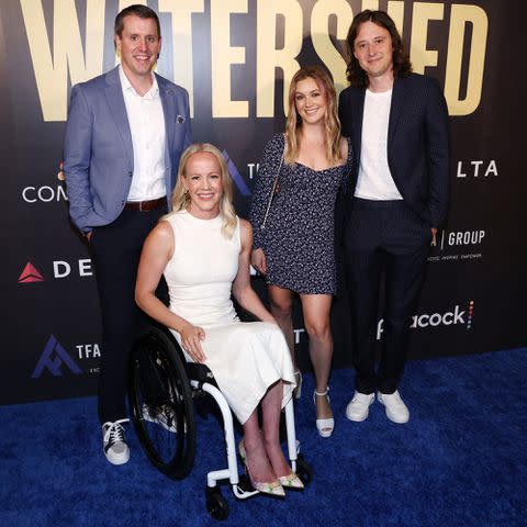 <p>Tommaso Boddi/Getty</p> Jay Snyder, Mallory Weggemann, Billie Lourd and Austen Rydell at the 'Watershed' premiere