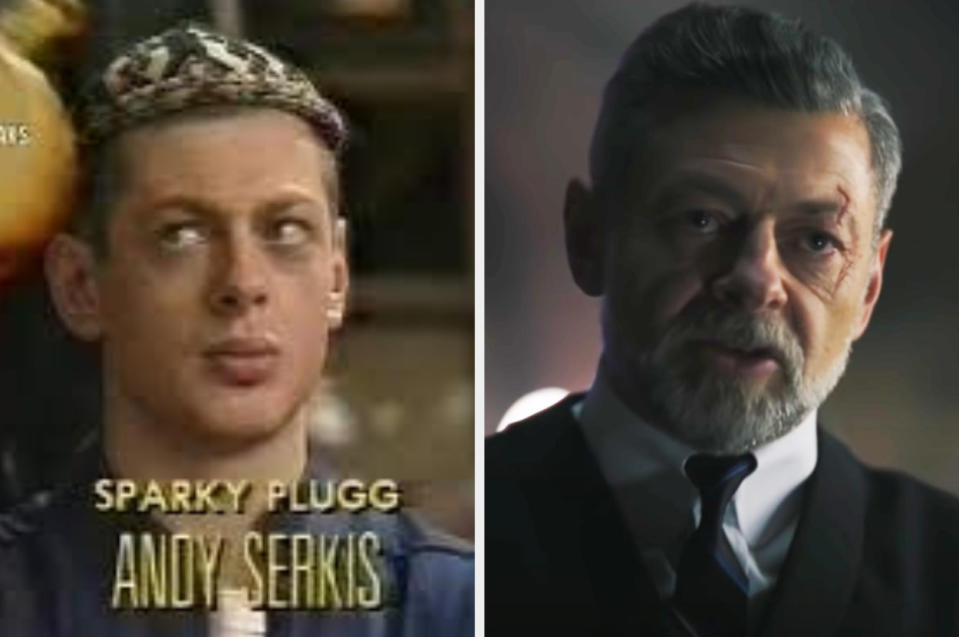 Side-by-sides of Andy as Sparky Plugg in "Morris Minor and His Marvellous Motors" and as Alfred "The Batman"
